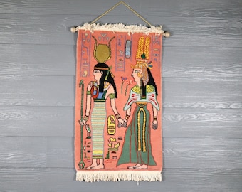 Vintage Egyptian Revival Handwoven Wool Pictorial Carpet Rug Tapestry Wall Hanging Colorful