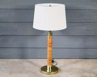 Vintage Cane Wrapped Brass Table Lamp Mid Century Pencil Rattan Modern 70's Retro Bohemian Boho Chic