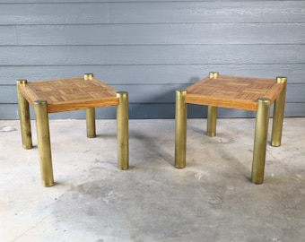 Vintage 70's Lane Tubular Brass Oak Parquet Wood Side Table Pair Laminate Retro End Bohemian Boho Chic 80's