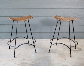 Mid Century Bar Stool Pair Set of 2 Arthur Umanoff Raymor Style Wrought Iron Wicker Retro Atomic 50's 60's