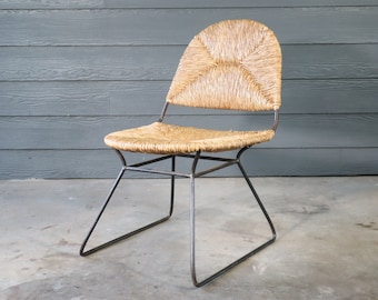 Vintage Paper Cord Iron Sled Base Side Chair Desk Retro Mid Century Boho Chic Bohemian Woven