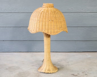 Vintage Bohemian Wicker Tulip Base Lamp with Shade Boho Chic Cottage Retro 70's Emmanuelle