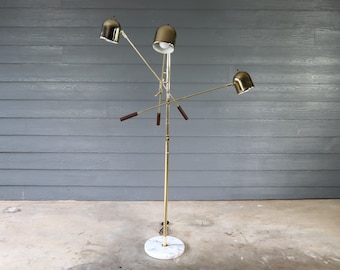 Vintage Triennale Style Brass 3 Arm Articulating Marble Base Floor Lamp Adjustable Space Age Mid Century Modern Atomic Retro
