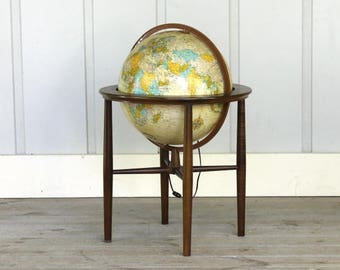 Vintage Replogle Heirloom World GLOBE Illuminated Lamp 16" Diameter Danish Style Retro Mid-Century Atomic Space Age Floor Office Decor Map