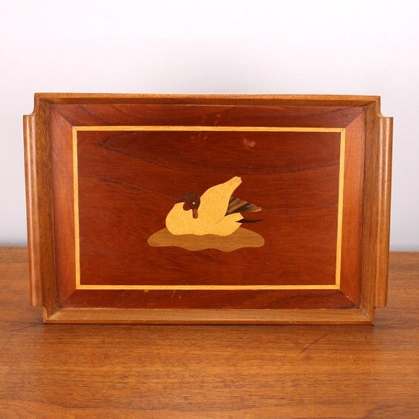 Vintage Inlaid Wood Marquetry Swan Tray Inlay Retro Mid Century 60's 70's Charcuterie Cheese Walnut Teak