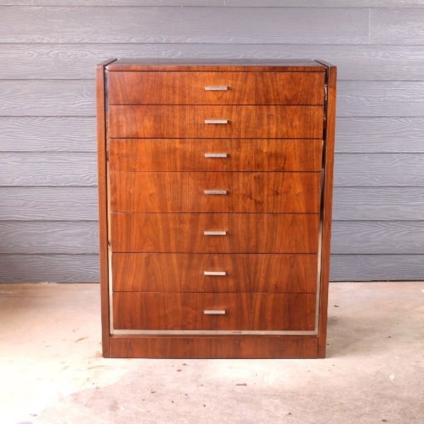 Vintage Mid Century Tall Dresser designed by Jack Cartwright for Founders Walnut Chrome Highboy Modern 60's 70's Retro