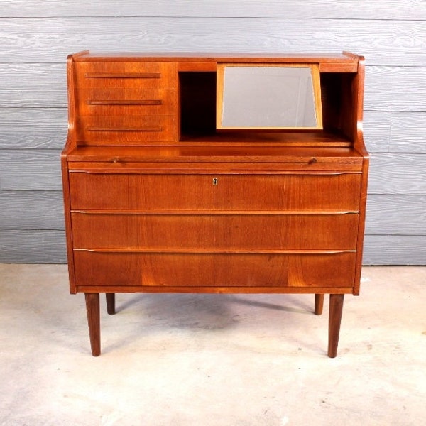 Mid Century Teak Secretary or Vanity with Pull Out Mirror Made in Sweden by Royal Board Storage Desk Made in Denmark 50's 60's