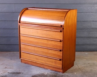 Mid Century Teak Roll Top Secretary Desk Made in Denmark Storage Scandinavian Atomic Retro 50's 60's