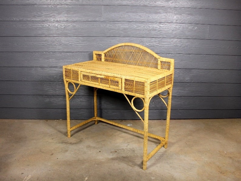 Vintage Wicker Rattan Vanity Table Makeup Emmanuelle Peacock Etsy