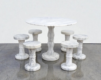 Vintage Italian Solid Carrara Marble Pedestal Dining Table with 6 Stools Garden Bistro 50's 60's Hollywood Regency Neoclassical