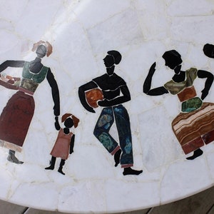 Vintage Large Pietra Dura Specimen Marble Stone Inlay Coffee Table Tripod Iron Base African Tribal People Mid Century Modern Atomic Carrara image 5