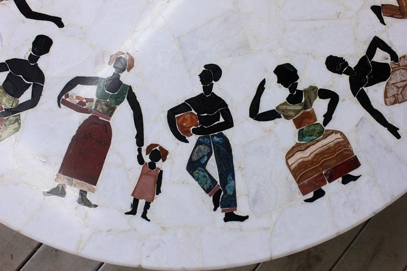 Vintage Large Pietra Dura Specimen Marble Stone Inlay Coffee Table Tripod Iron Base African Tribal People Mid Century Modern Atomic Carrara image 5