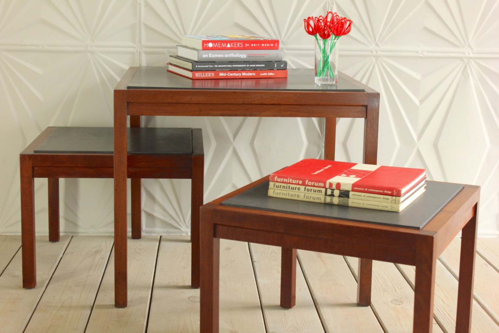 Nesting Side Table Set of 3 Walnut Black Quartz Slate Tile Top Etsy