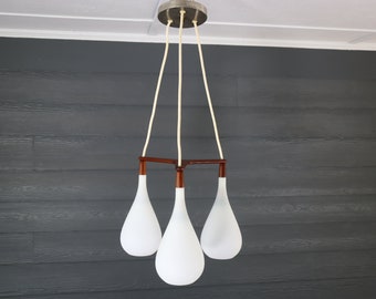 Vintage 60's Danish Teak 3 Light Tear Drop Pendant Chandelier Ceiling Flush Mount Mid Century Modern Retro Atomic