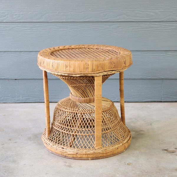 Vintage Wicker Rattan Emmanuelle Peacock Foot Stool Woven Pattern Cane 50's 60's Retro Mid Century Modern Eclectic Boho Bamboo Weave Ottoman