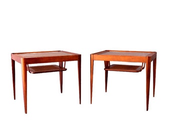 Mid Century Pair of Sculptural Side Tables with Floating Cane Shelf Modern Atomic Danish Style Retro 50's 60's