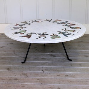 Vintage Large Pietra Dura Specimen Marble Stone Inlay Coffee Table Tripod Iron Base African Tribal People Mid Century Modern Atomic Carrara image 2
