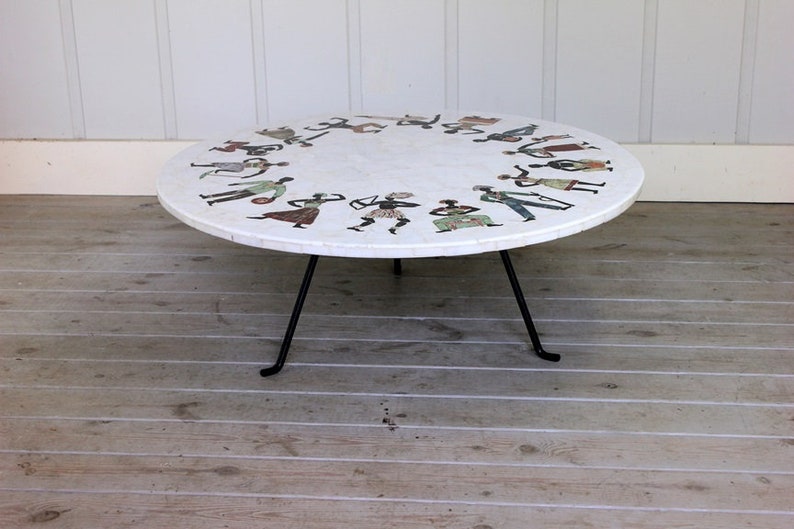 Vintage Large Pietra Dura Specimen Marble Stone Inlay Coffee Table Tripod Iron Base African Tribal People Mid Century Modern Atomic Carrara image 2