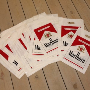 marlboro red tobacco bag Vintage Marlboro Red Cigarettes Tobacco Plastic Hand Bags or Shopping Bags  New Old Stock Unused Bachelor Party Favors 80's 90's Gag