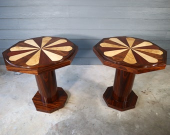 Vintage Art Deco Octagon Wood Inlay Pair of End Tables Rosewood Walnut Burl Side Walnut Regency Antique