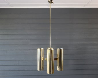 Vintage 70's Brass Chandelier Tall Large 5 Ft Gaetano Sciolari Style Flush Mount Mid Century Modern Retro Atomic Tubular