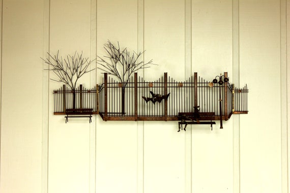 Curtis Jere Park Street Scene Trees Birds Wall Hanging Copper