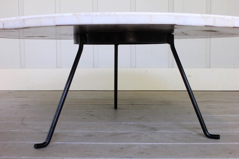 Vintage Large Pietra Dura Specimen Marble Stone Inlay Coffee Table Tripod Iron Base African Tribal People Mid Century Modern Atomic Carrara image 9