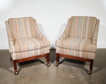 Vintage Pair 80's Club Lounge Chairs on Casters with 3D Textured Coogi Style Fabric English Regency