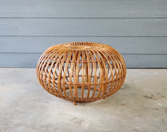 Vintage Franco Albini Rattan Pouf Foot Stool Woven Pattern Cane 50's 60's Retro Mid Century Modern Eclectic Boho Bamboo Weave Ottoman