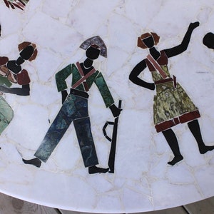 Vintage Large Pietra Dura Specimen Marble Stone Inlay Coffee Table Tripod Iron Base African Tribal People Mid Century Modern Atomic Carrara image 4