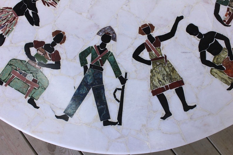 Vintage Large Pietra Dura Specimen Marble Stone Inlay Coffee Table Tripod Iron Base African Tribal People Mid Century Modern Atomic Carrara image 4