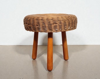 Vintage Tony Paul Wicker Rattan Foot Stool Woven Cane 50's 60's Retro Mid Century Modern Eclectic Boho Bamboo Basket Weave