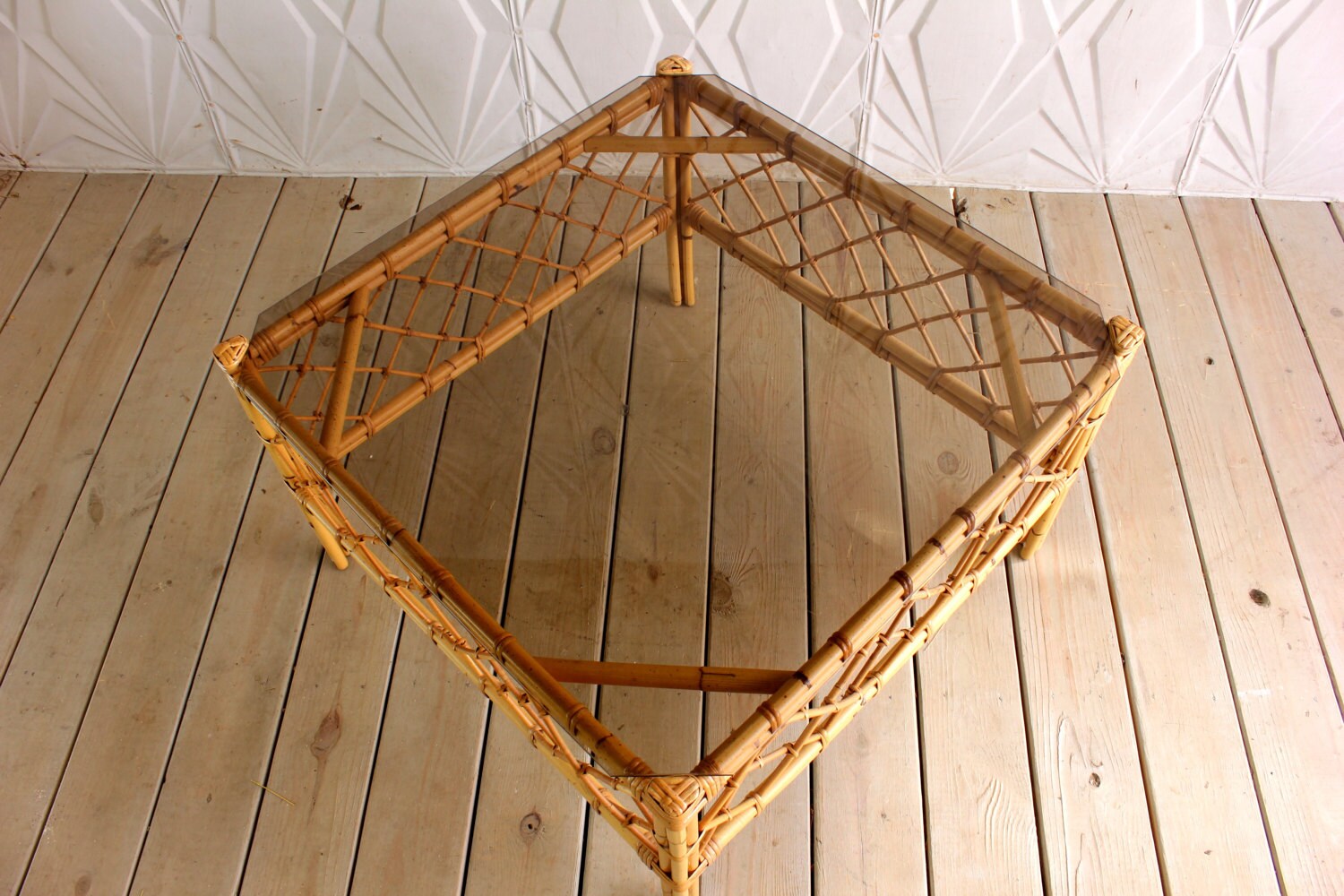 Vintage Rattan Glass Coffee Table Bamboo Square 60's Etsy