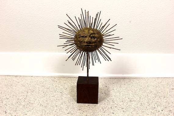 Mid Century Brutalist Sun Face Sculpture with Walnut Wood Base Emaus Style Sunburst Brass Metal Modern Atomic Retro 50's 60's