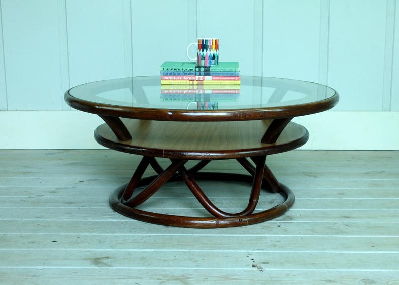 Vintage Rattan Glass Lazy Susan Coffee Table Bamboo Round Etsy