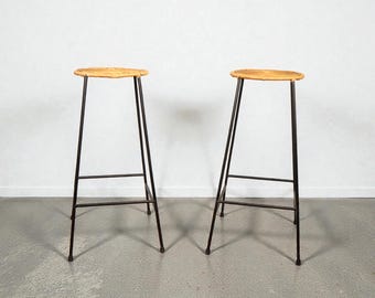 Vintage Mid Century Wicker Iron Bar Stool Pair Set of 2 Arthur Umanoff Raymor Style Retro Atomic 50's 60's