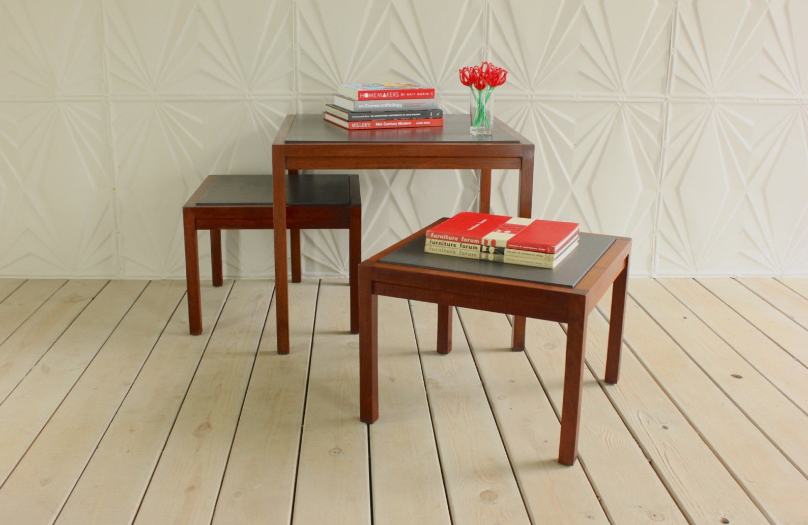 Nesting Side Table Set Of 3 Walnut Black Quartz Slate Tile Top Etsy