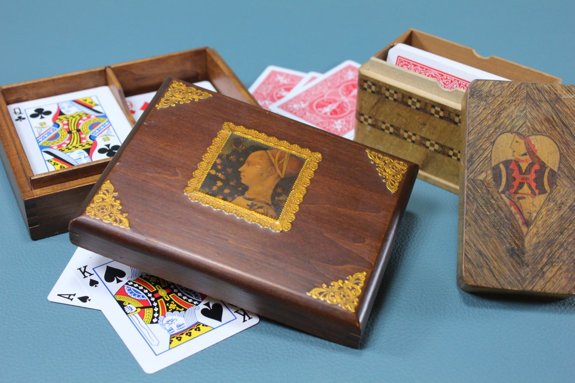 Vintage Wood Playing Card Holder Storage Boxes 50's Etsy