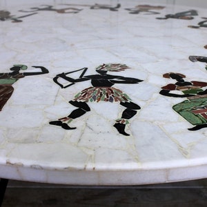 Vintage Large Pietra Dura Specimen Marble Stone Inlay Coffee Table Tripod Iron Base African Tribal People Mid Century Modern Atomic Carrara image 10