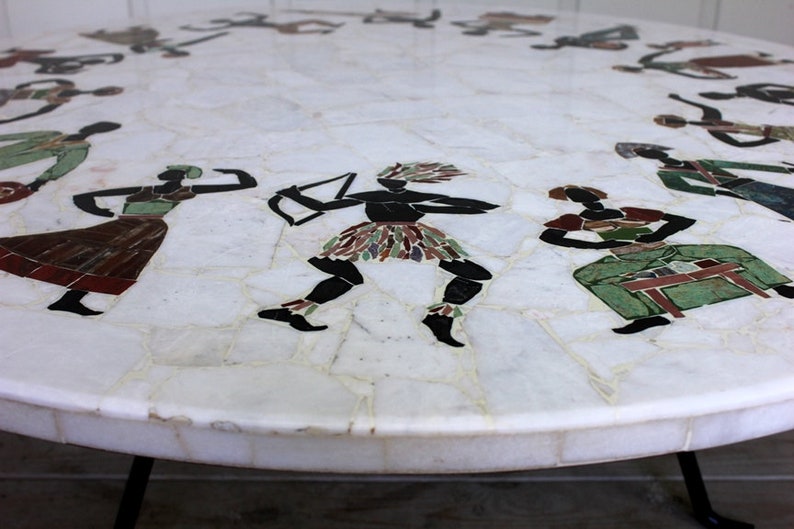 Vintage Large Pietra Dura Specimen Marble Stone Inlay Coffee Table Tripod Iron Base African Tribal People Mid Century Modern Atomic Carrara image 10