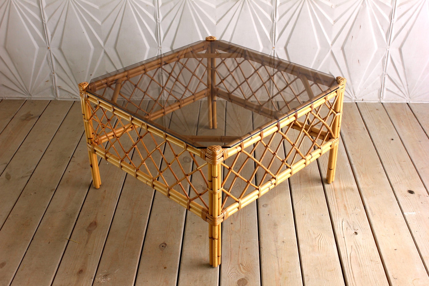 Vintage Rattan Glass Coffee Table Bamboo Square 60's Etsy