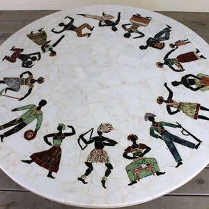 Vintage Large Pietra Dura Specimen Marble Stone Inlay Coffee Table Tripod Iron Base African Tribal People Mid Century Modern Atomic Carrara image 1
