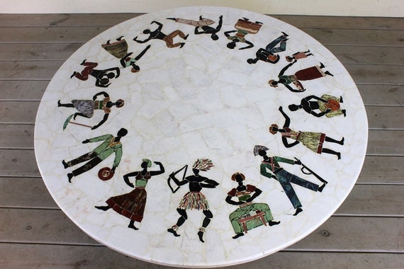 Vintage Large Pietra Dura Specimen Marble Stone Inlay Coffee Table Tripod Iron Base African Tribal People Mid Century Modern Atomic Carrara