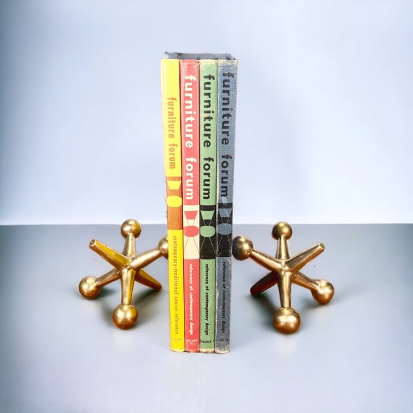 Mid Century Bill Curry Solid Brass Jacks Bookends Jax MCM Vintage Modern Atomic Retro 50's 60's Doorstop Paperweight Sputnik