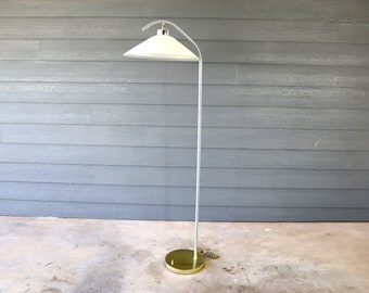 Vintage Retro Striped Glass Shade Floor Lamp Gerald Thurston Style Brass Plate Modern Atomic Retro Space Age 70's