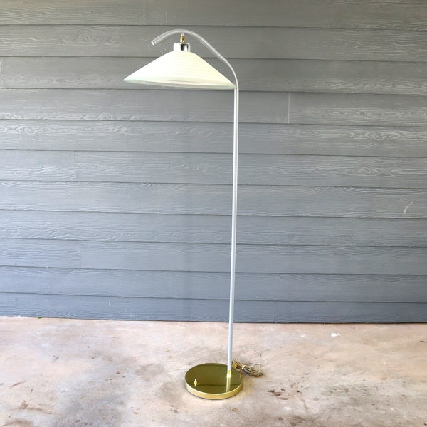 Vintage Retro Striped Glass Shade Floor Lamp Gerald Thurston Style Brass Plate Modern Atomic Retro Space Age 70's