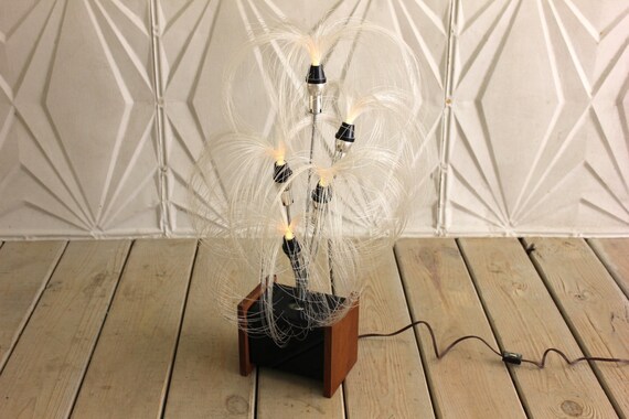 Vintage Fibre Optic Lamp By Poly Optics Inc Walnut Wood Black Lucite Resin Base Mid Century Atomic Retro 70 S 80 Groovy