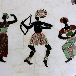 Vintage Large Pietra Dura Specimen Marble Stone Inlay Coffee Table Tripod Iron Base African Tribal People Mid Century Modern Atomic Carrara image 3