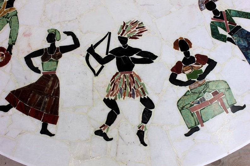 Vintage Large Pietra Dura Specimen Marble Stone Inlay Coffee Table Tripod Iron Base African Tribal People Mid Century Modern Atomic Carrara image 3