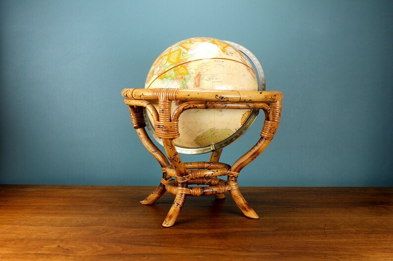 Vintage Rattan Base Free Standing Globe By Replogle 70 S 80 Bamboo Retro World Map Atlas